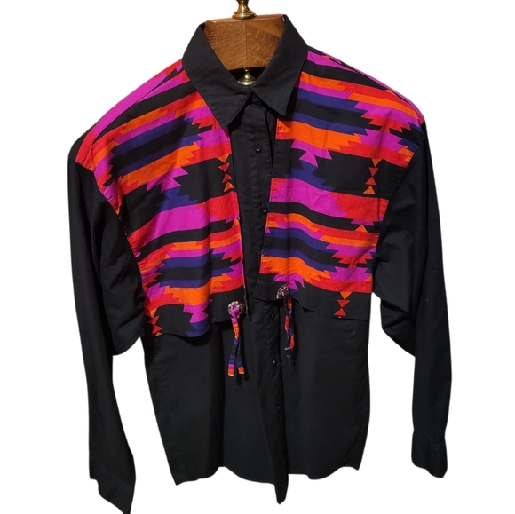 Wrangler Tops - Vintage Wrangler Western Wear Black AztecRodeo Button Down Shirt Size XLarge